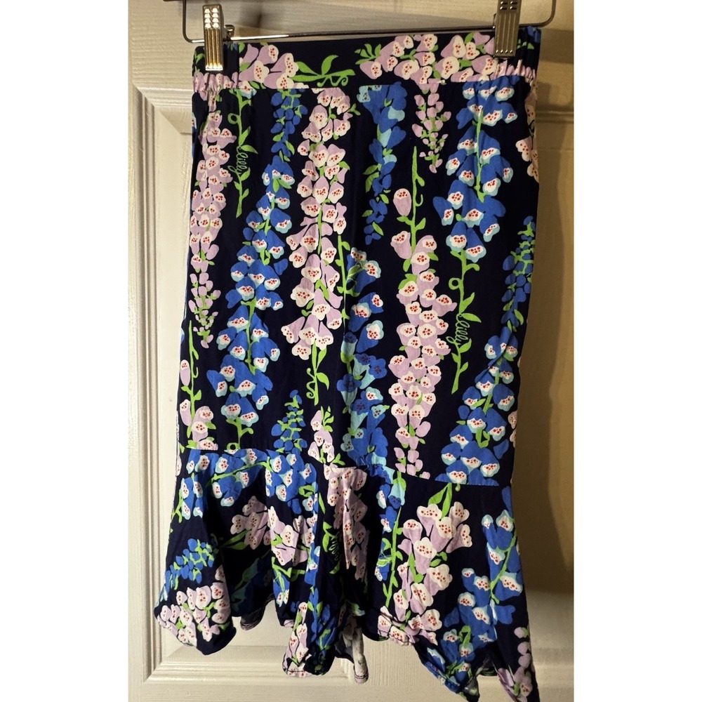 Lilly Pulitzer Floral Skirt XS Blue Pink Elastic Waist Ruffle Boho Cottagecore
